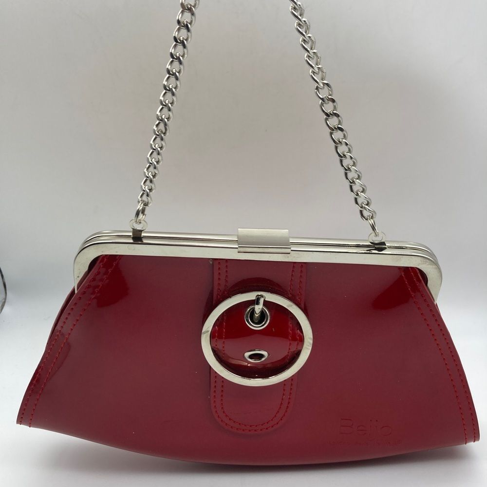 Beijo Glossy Red Clutch with Silver Chain